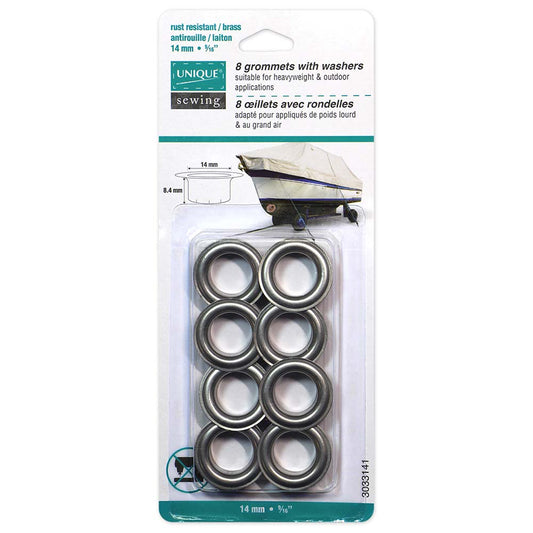 UNIQUE SEWING Grommets with Washers – 14 × 8.4 mm (9/16 × 5/16) – Satin Silver – 8 sets