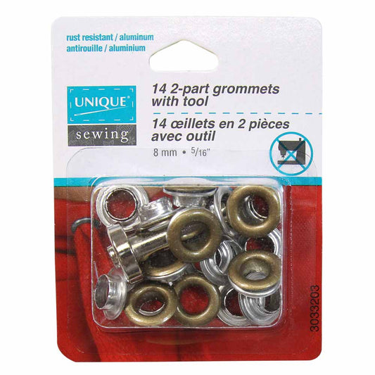 UNIQUE SEWING 2-Part Grommets with Tool – 8mm (5/16") – Antique Gold – 14 pcs