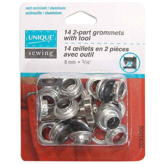 UNIQUE SEWING 2-Part Grommets with Tool – 8mm (5/16") – Gunmetal – 14 pcs