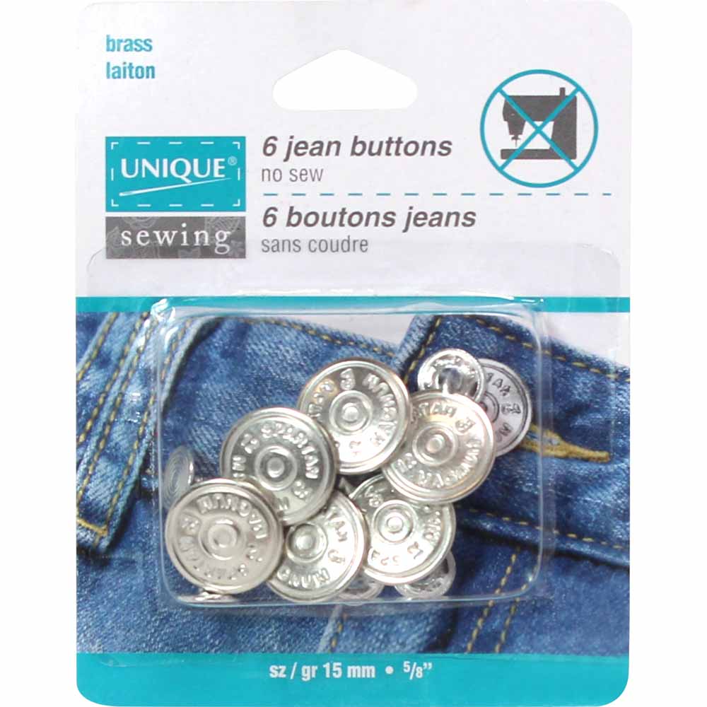 UNIQUE SEWING Jean Buttons – No‑Sew Tack – 15 mm (5/8") – Silver – 6 Pcs