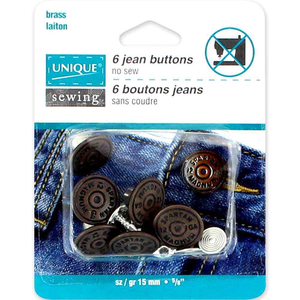 UNIQUE SEWING Jean Buttons – No‑Sew Tack – 15 mm (5/8") – Antique Brass – 6 Pcs