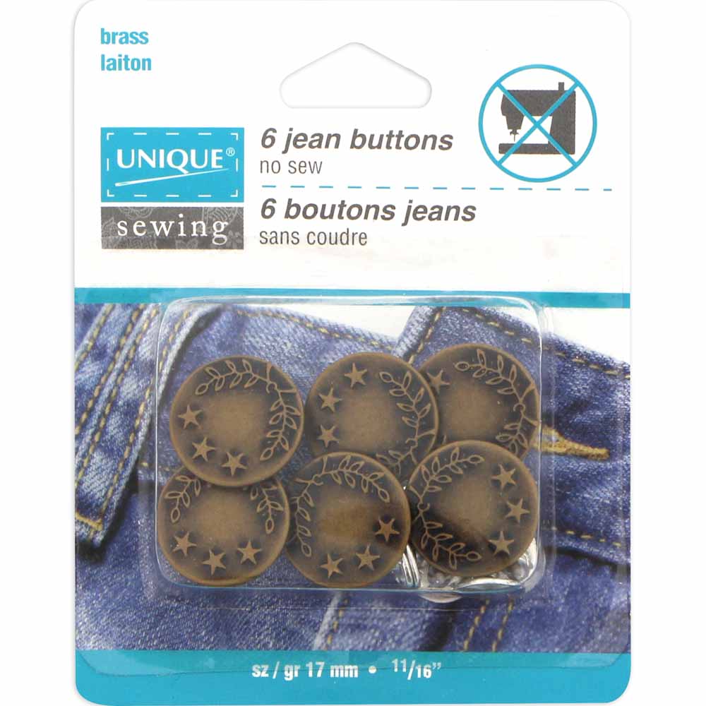 UNIQUE SEWING Jean Buttons — No‑Sew, Antique Brass, 17 mm (5/8″), 6 pcs