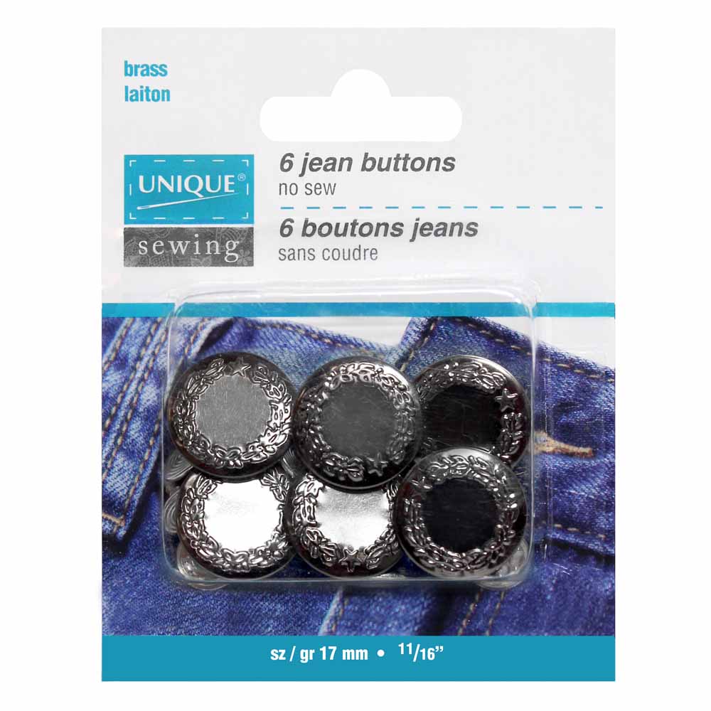 UNIQUE SEWING Jean Buttons — No‑Sew, Silver, 17 mm (5/8″), 6 pcs