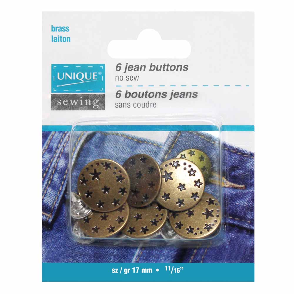 UNIQUE SEWING Jean Buttons — No‑Sew, Antique Brass Small Stars, 17 mm (⅝″), 6 pcs