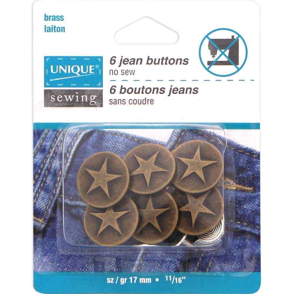 UNIQUE SEWING Jean Buttons — No‑Sew, Antique Copper Large Stars, 17 mm (⅝″), 6 pcs