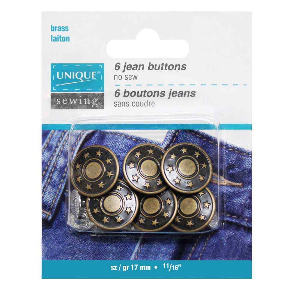 UNIQUE SEWING Jean Buttons — No‑Sew, Antique Brass Stars, 17 mm (5/8″), 6 pcs