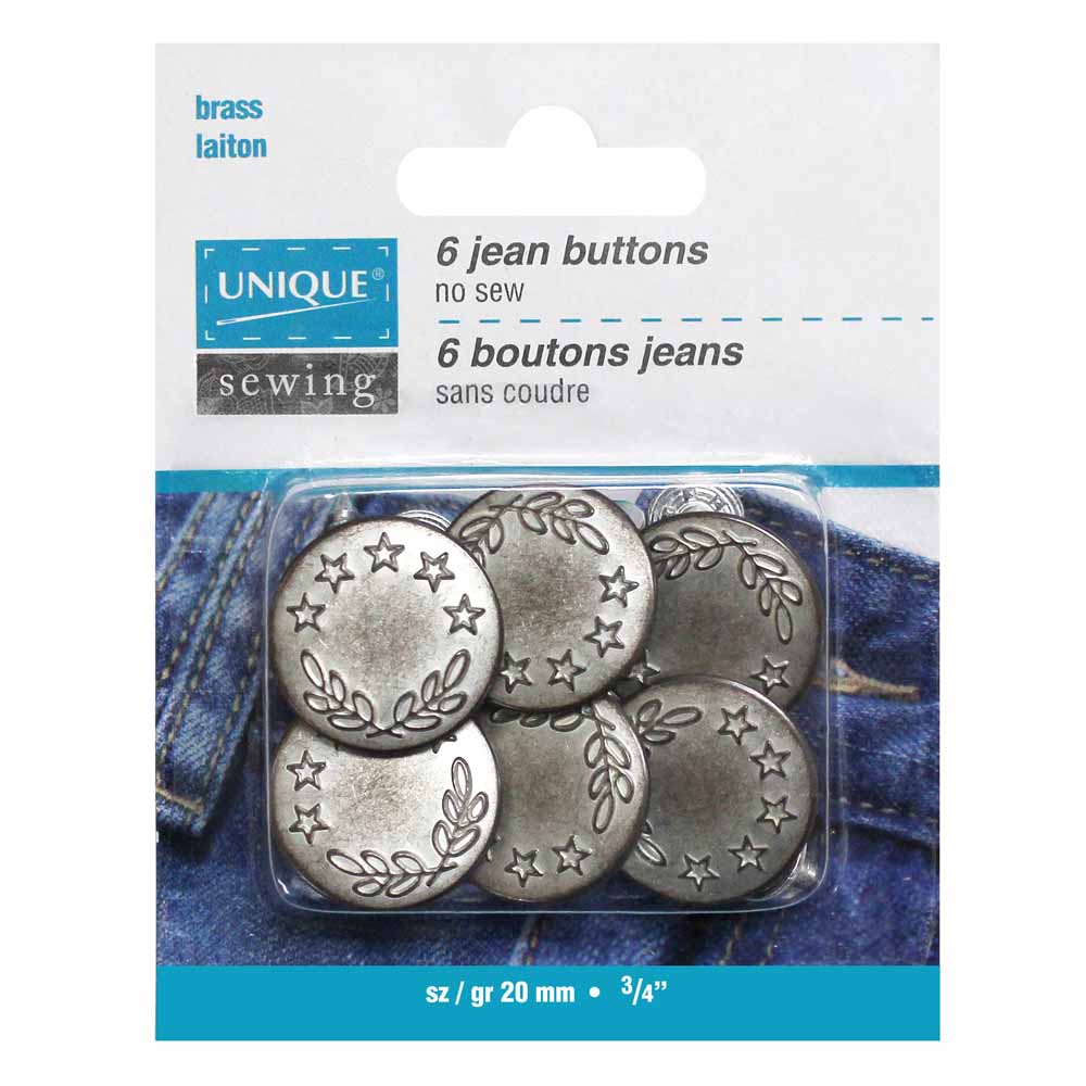 UNIQUE SEWING Jean Buttons — No‑Sew, Antique Silver 5 Stars, 20 mm (3/4″), 6 pcs