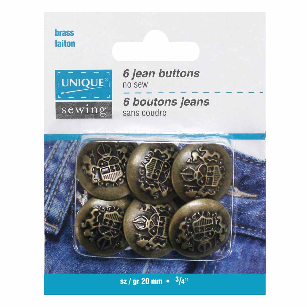 UNIQUE SEWING Jean Buttons — No‑Sew, Antique Brass Emblem, 20 mm (3/4″), 6 pcs