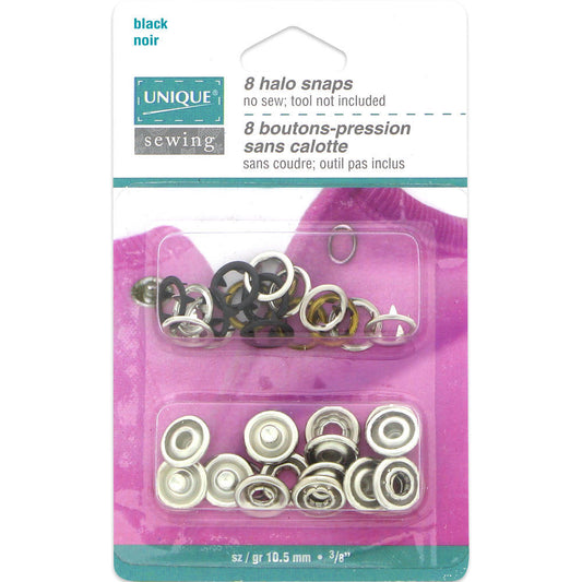 UNIQUE SEWING Halo Snaps — Black, 11.5 mm (1/2 in), 8 Sets