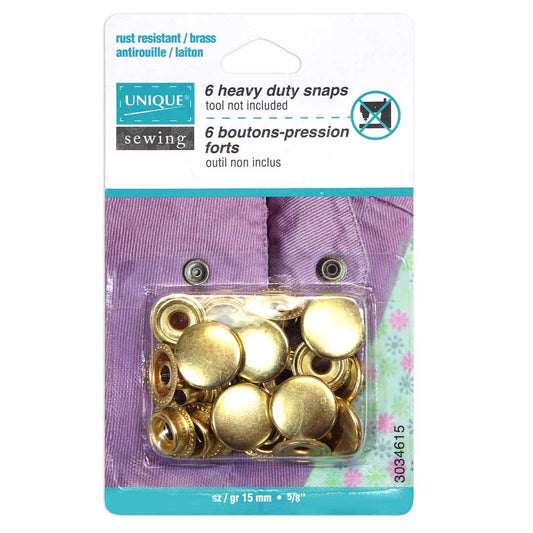 UNIQUE SEWING Heavy Duty Snaps – Gold – 15mm (5/8") – 6 Sets