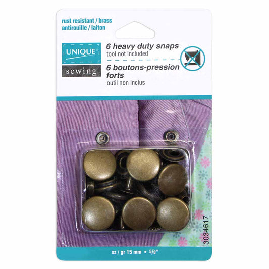 UNIQUE SEWING Heavy Duty Snaps – Antique Brass – 15mm (5/8") – 6 Sets
