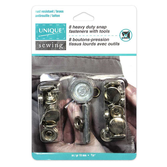 UNIQUE SEWING Heavy Duty Snaps Kit with Tool – Silver – 15mm (5/8") – 8 Sets