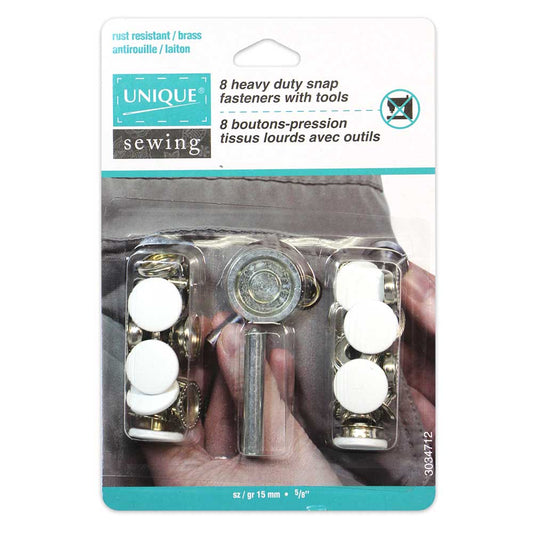 UNIQUE SEWING Heavy Duty Snaps Kit with Tool – 15mm (5/8") – White – 8 sets