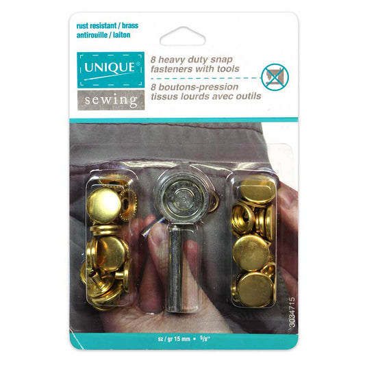 UNIQUE SEWING Heavy Duty Snaps Kit with Tool – Gold – 15mm (5/8") – 8 Sets