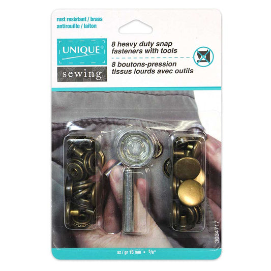 UNIQUE SEWING Heavy Duty Snaps Kit with Tool – Antique Brass – 15mm (5/8") – 8 Sets