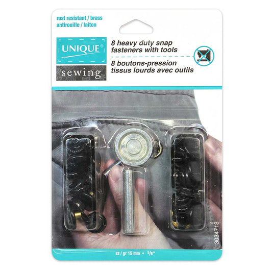 UNIQUE SEWING Heavy Duty Snaps Kit with Tool – Black – 15mm (5/8") – 8 Sets