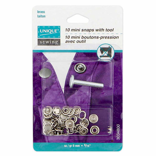 UNIQUE SEWING Mini Snaps with Tool — Silver, 8 mm (5/16 in), 10 Sets