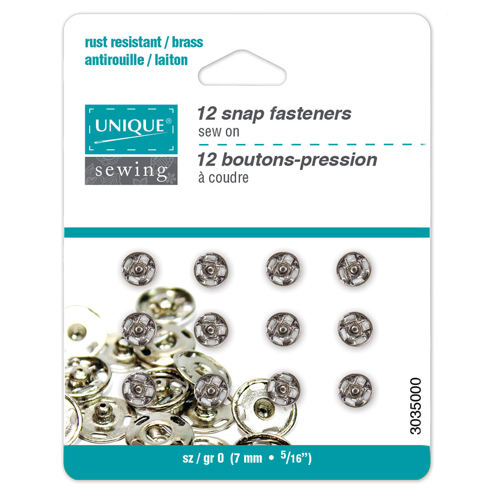 UNIQUE SEWING Snap Fasteners — Nickel, Size 0 / 7 mm (¼″), 12 Sets