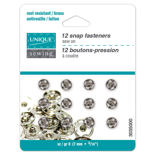 UNIQUE SEWING Snap Fasteners — Nickel, Size 0 / 7 mm (¼ in), 12 Sets