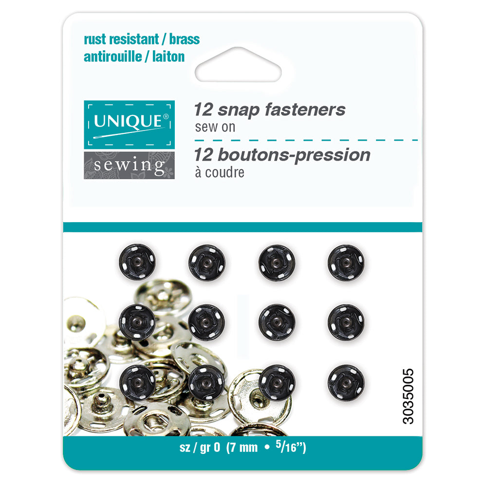 UNIQUE SEWING Snap Fasteners — Black, Size 0 / 7 mm (¼″), 12 Sets