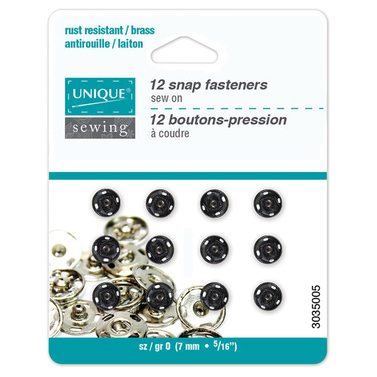 UNIQUE SEWING Snap Fasteners — Black, Size 0 / 7 mm (¼ in), 12 Sets