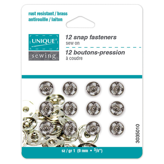 UNIQUE SEWING Snap Fasteners — Nickel, Size 1 / 9 mm, 10 Sets