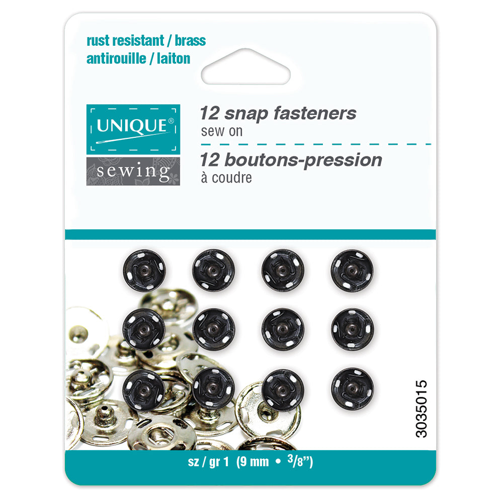 UNIQUE SEWING Snap Fasteners — Black, Size 1 / 9 mm (⅜″), 10 Sets