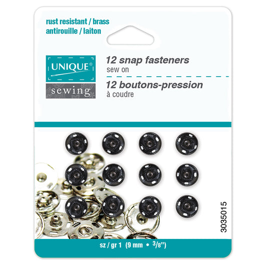 UNIQUE SEWING Snap Fasteners — Black, Size 1 / 9 mm, 10 Sets