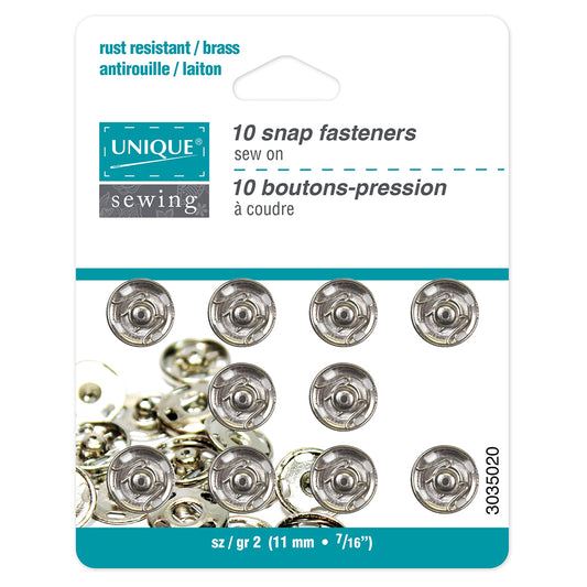 UNIQUE SEWING Snap Fasteners — Nickel, Size 2 / 11 mm, 10 Sets