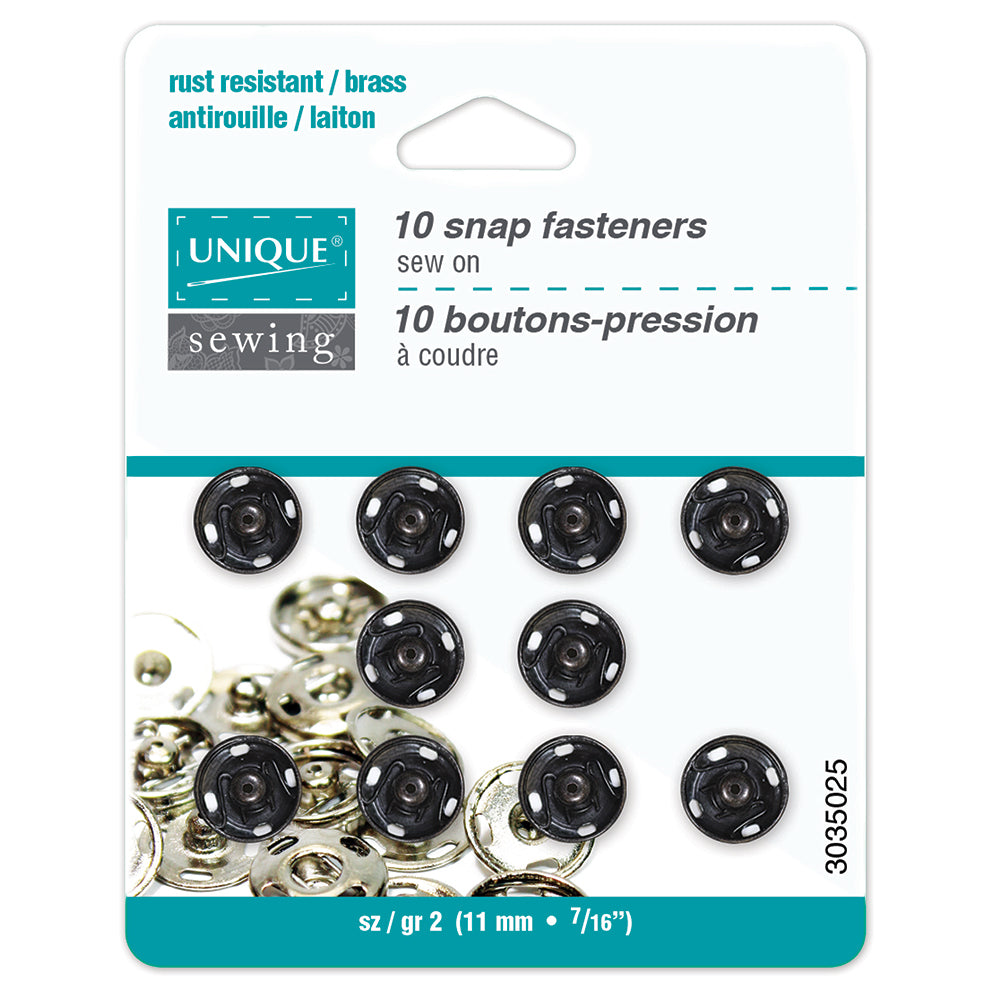 UNIQUE SEWING Snap Fasteners — Black, Size 2 / 11 mm (⅜″), 10 Sets
