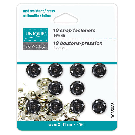 UNIQUE SEWING Snap Fasteners — Black, Size 2 / 11 mm, 10 Sets