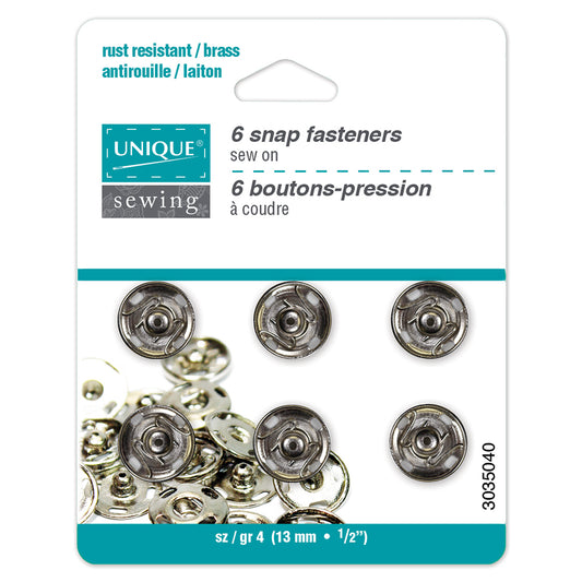 UNIQUE SEWING Snap Fasteners — Nickel, Size 4 / 13 mm (½ in), 6 Sets