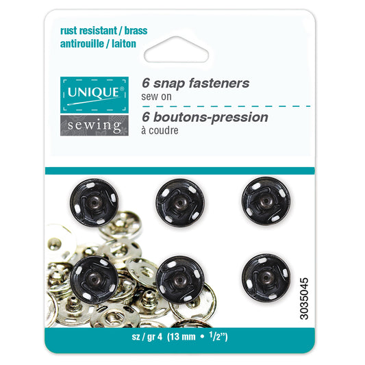 UNIQUE SEWING Snap Fasteners — Black, Size 4 / 13 mm (½ in), 6 Sets