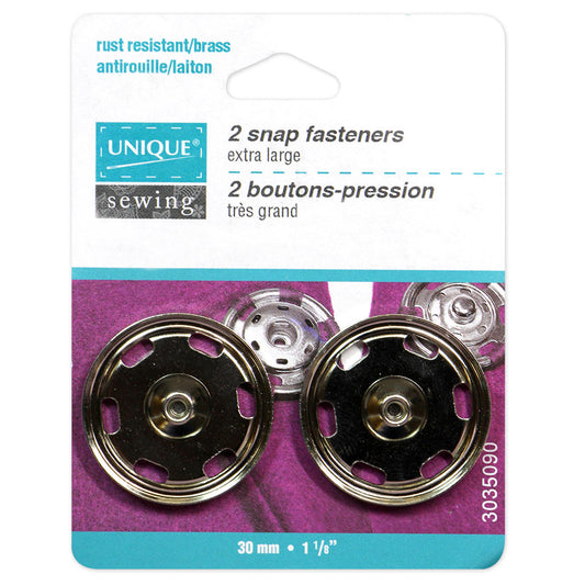 UNIQUE SEWING Sew-On Snap Fasteners — Nickel, 30 mm, 2 sets