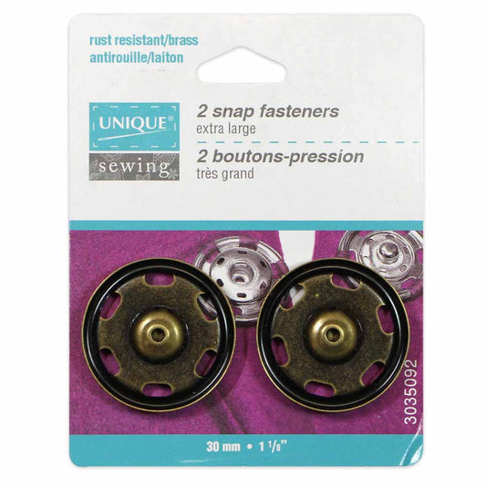 UNIQUE SEWING Sew-On Snap Fasteners — Brass, 30 mm, 2 sets