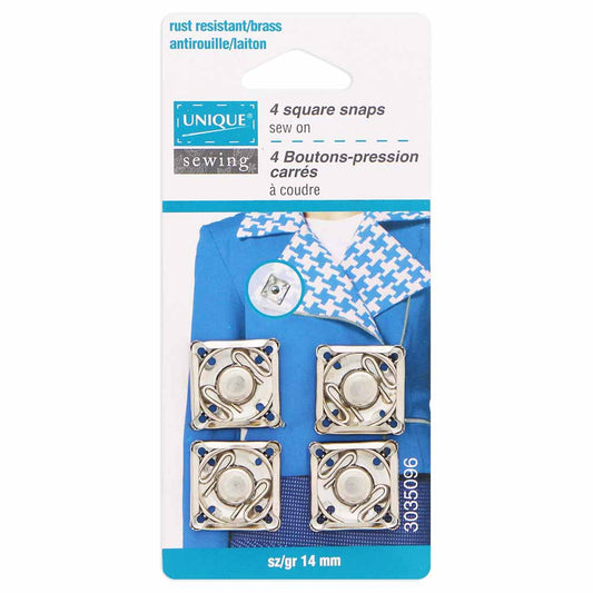 UNIQUE SEWING Square Snap Fasteners – 14mm (1/2") – Silver – 4 Sets