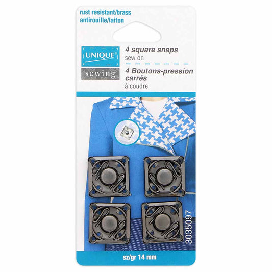 UNIQUE SEWING Square Snap Fasteners – 14mm (1/2") – Gunmetal – 4 Sets