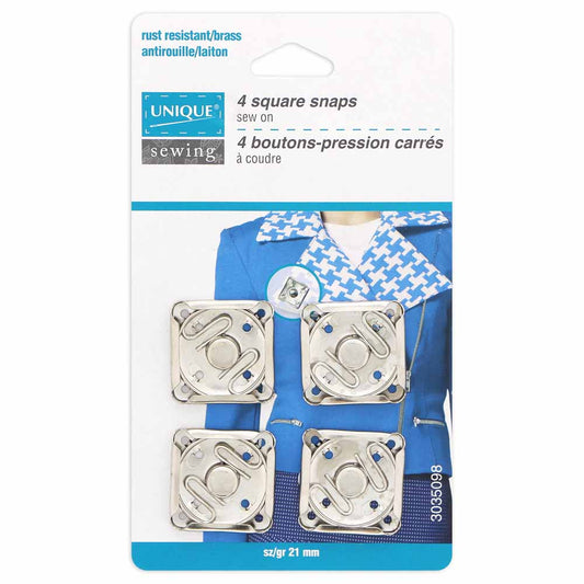 UNIQUE SEWING Square Snap Fasteners – 21mm (7/8") – Silver – 4 Sets