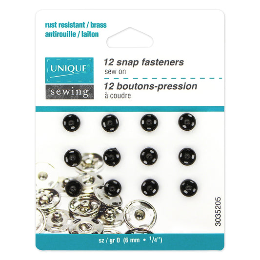 UNIQUE SEWING Snap Fasteners — Black, Size 0 / 6 mm (¼ in), 12 Sets