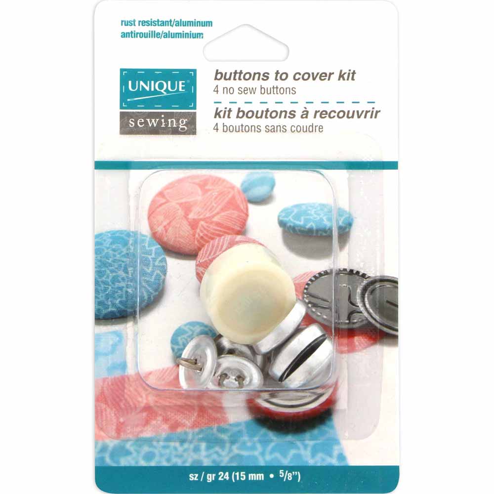 UNIQUE SEWING Buttons to Cover Kit with Tool, Size 24 (15 mm / 5⁄8″) — 4 Sets
