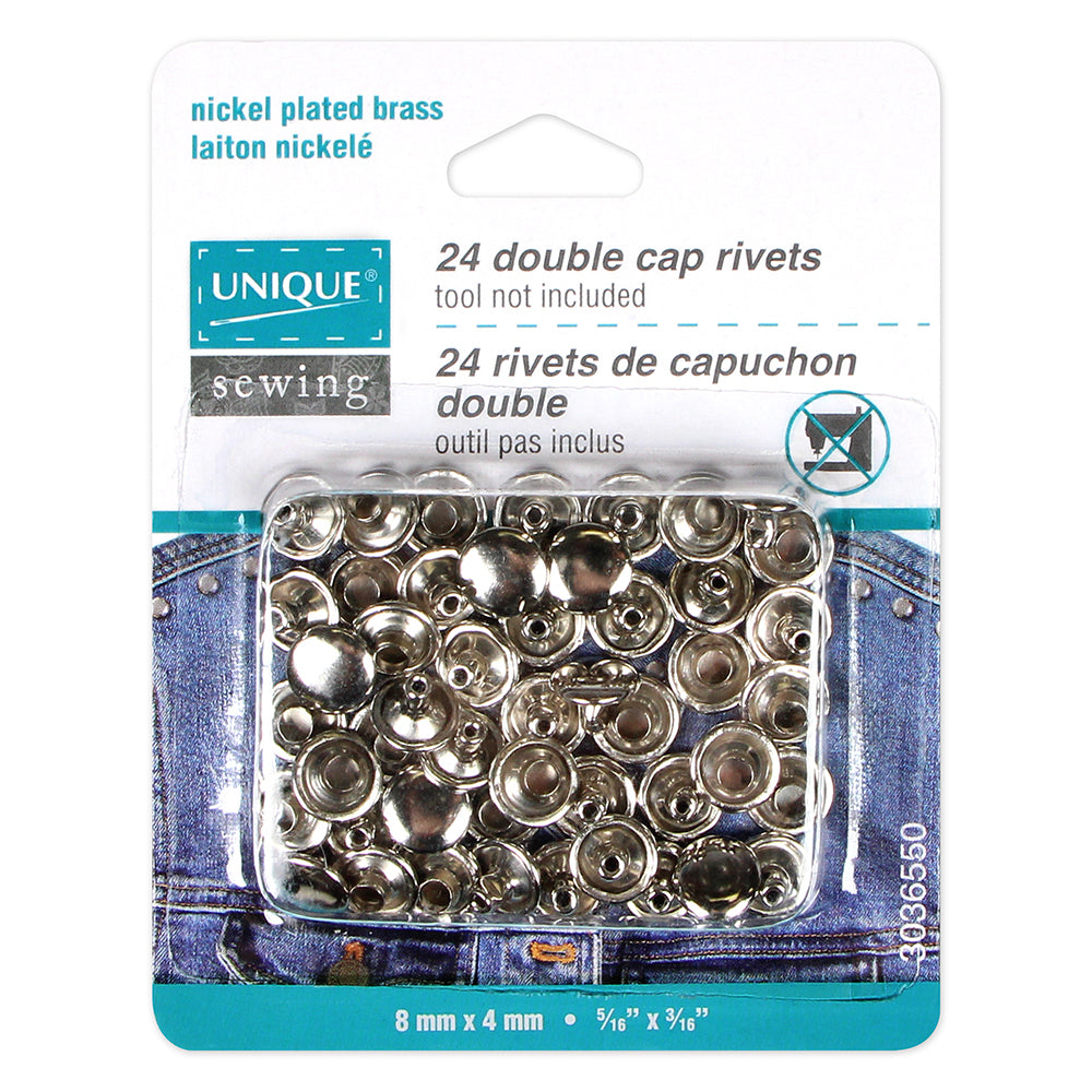 UNIQUE SEWING Double‑Cap Rivets – 8mm × 4mm (5/16 × 3/16) – Silver – 24 pcs
