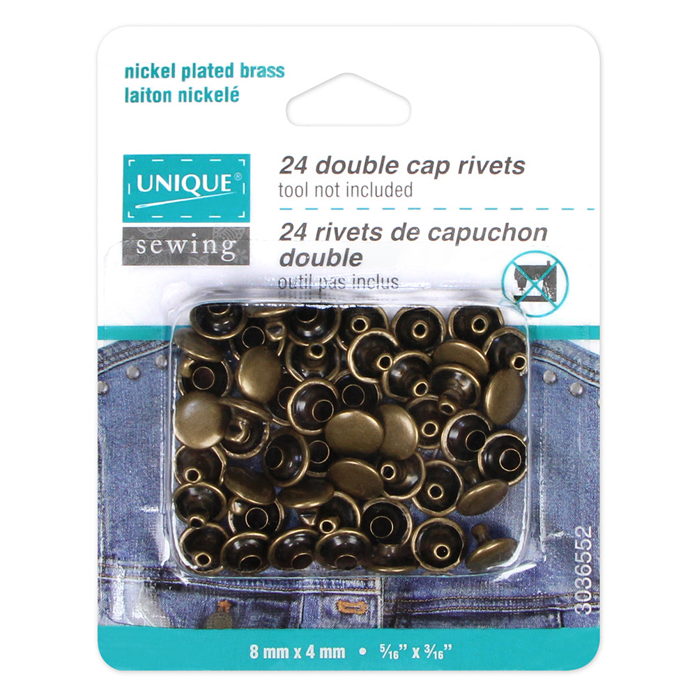 UNIQUE SEWING Double‑Cap Rivets – 8mm × 4mm (5/16 × 3/16) – Antique Gold – 24 pcs