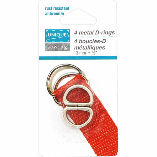 UNIQUE SEWING Metal D‑Rings — Silver, 13 mm (1/2″), 4 pcs