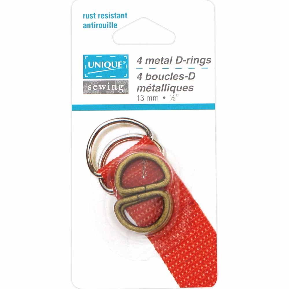 UNIQUE SEWING Metal D‑Rings — Antique Gold, 13 mm (1/2″), 4 pcs