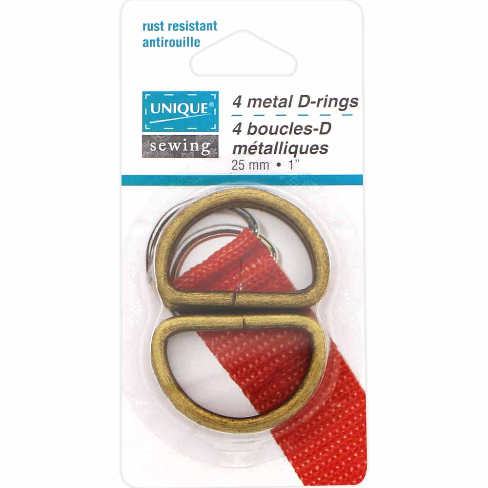 UNIQUE SEWING Metal D‑Rings – 25 mm (1") – Antique Gold – 4 Pcs