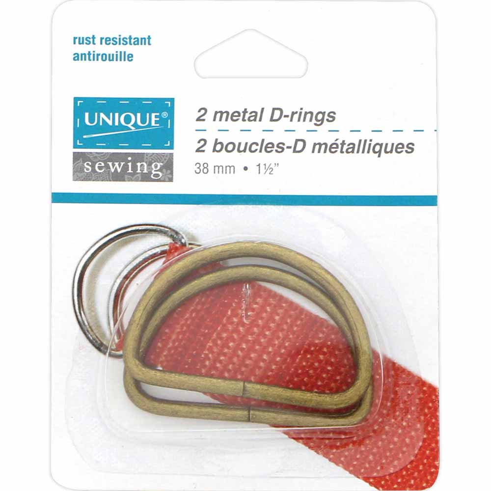 UNIQUE SEWING Metal D‑Rings – 38 mm (1 1/2") – Antique Gold – 2 Pcs