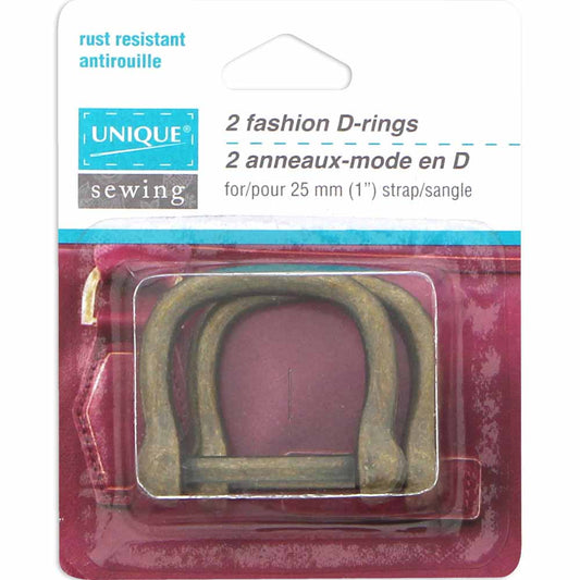 UNIQUE SEWING antique gold fashion D-rings, 25 mm (1 in.), 2-pack