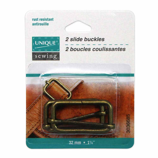 UNIQUE SEWING Slide Buckle – Metal – 32mm (1 1/4") – Antique Gold – 2 pcs