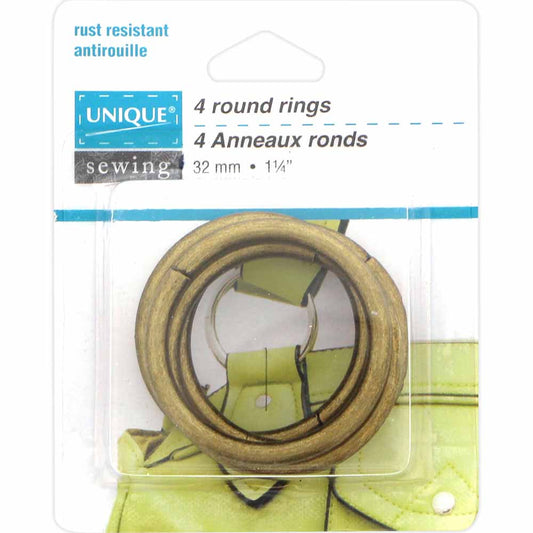 UNIQUE SEWING Round Rings – Antique Gold – 32 mm (1¼″), 4 pcs