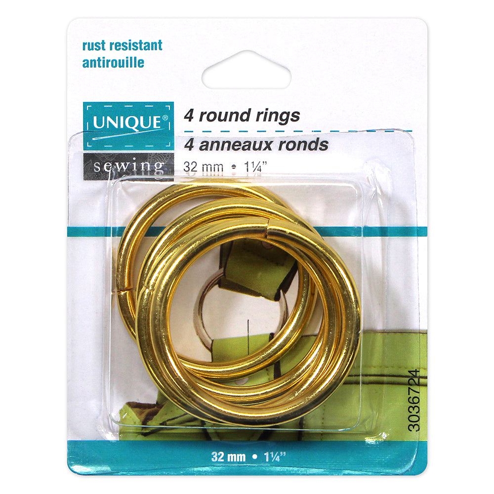 UNIQUE SEWING Round Rings – 32mm (1 1/4") – Gold – 4 pcs